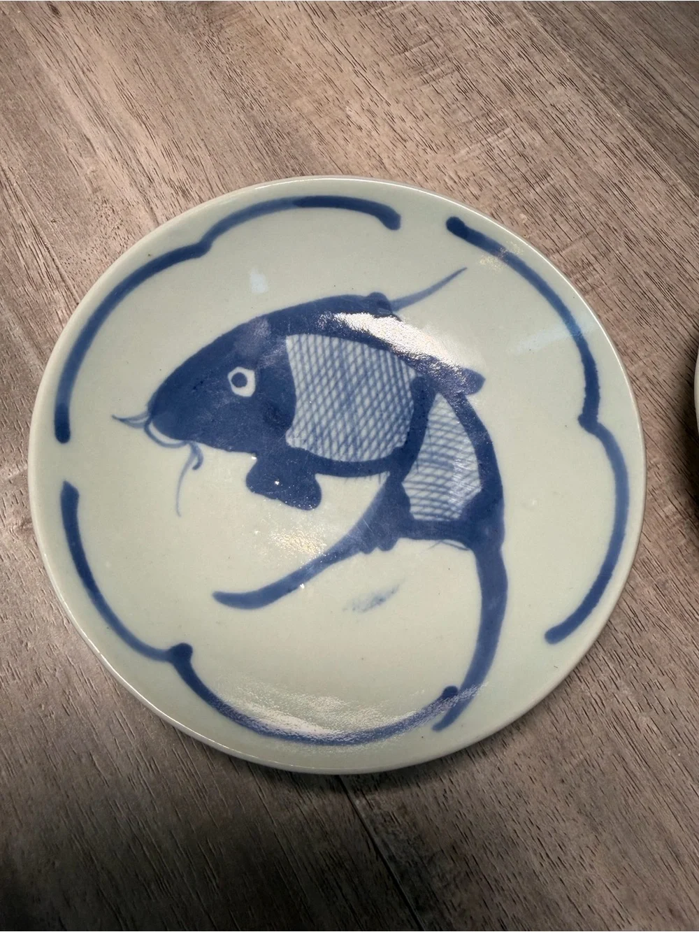 2 Vintage 7” Chinese Koi Fish Blue White Porcelain Plates
